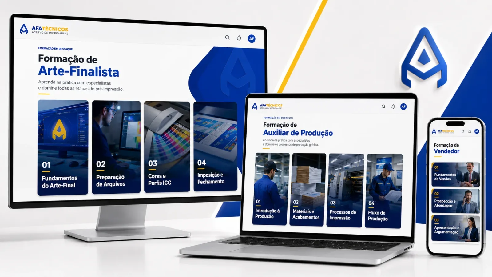 Área de membros AFATÉCNICOS aberta em monitor, notebook e celular
