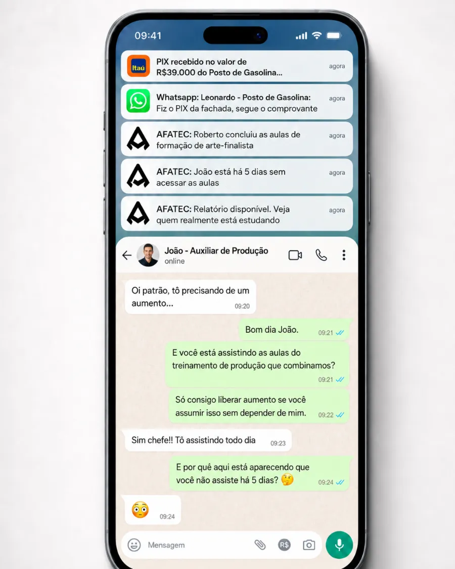 Celular com notificações da AFATEC e conversa de WhatsApp entre funcionário e dono da gráfica