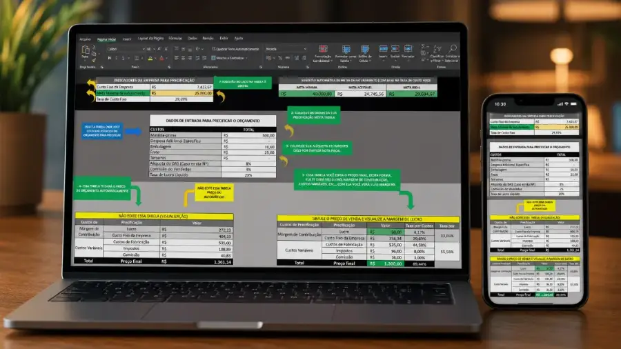 Planilha de precificação aberta no notebook e no celular