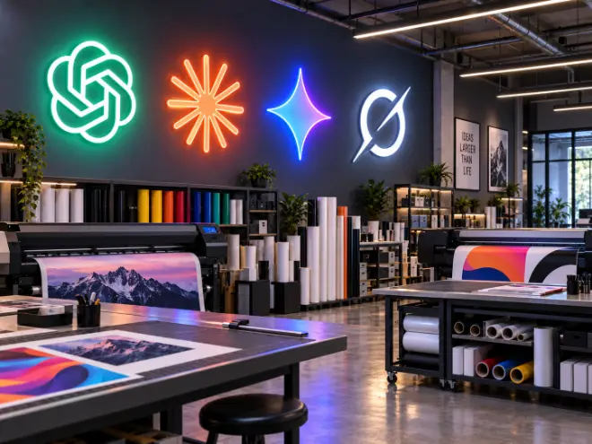 Logos de ferramentas de inteligência artificial em letreiros de neon na parede de uma gráfica, com plotters de grande formato imprimindo
