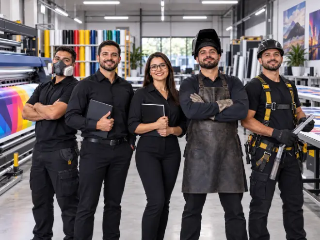 Equipe de gráfica e comunicação visual uniformizada: operador de plotter, atendimento, produção e instalador de fachadas