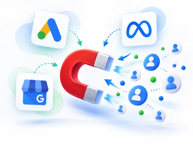 Ímã atraindo perfis de clientes, alimentado por Google Ads, Google Meu Negócio e Meta