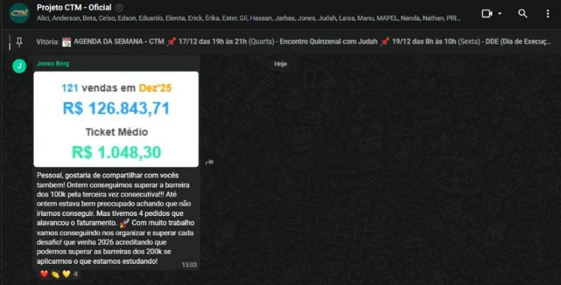 Aluno Jones Berg: 121 vendas em Dez/25, R$126.843,71, ticket médio R$1.048,30 — superou os 100k pela terceira vez consecutiva