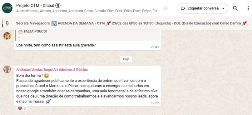 Anderson (Toque Art Adesivos & Rótulos): agradecimento público sobre a experiência com o Projeto CTM